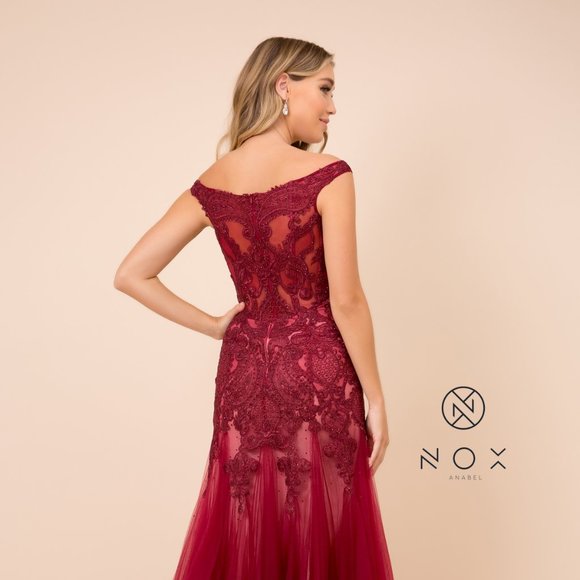 NEW LONG OFF THE SHOULDER SLEEVELESS CHIFFON DRESS EMBROIDERED WITH LACE NX J325 - Picture 6 of 8